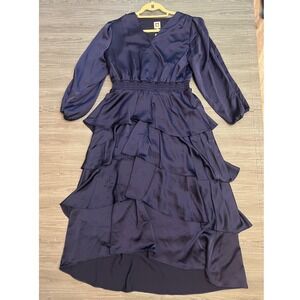 ANNE KLEIN Navy Blue Satin Tiered Ruffle V Neck Long Sleeve Midi Dress Size 12